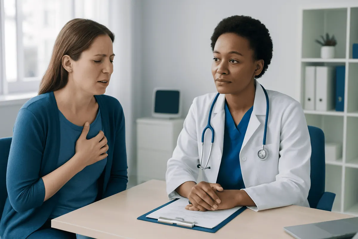 Doctor consulting with a patient about asthma symptoms in a clinic setting.