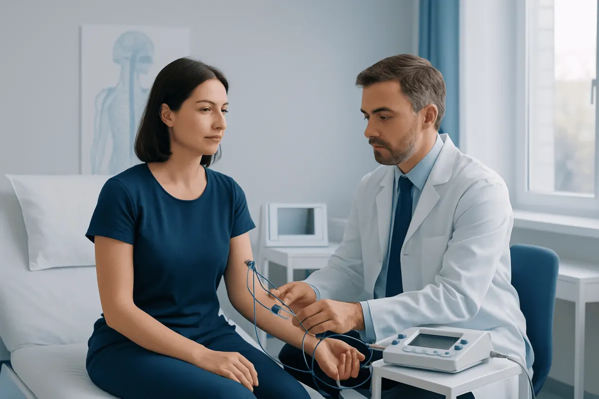 Doctor performs neurophysiology test on patient in clinic setting.