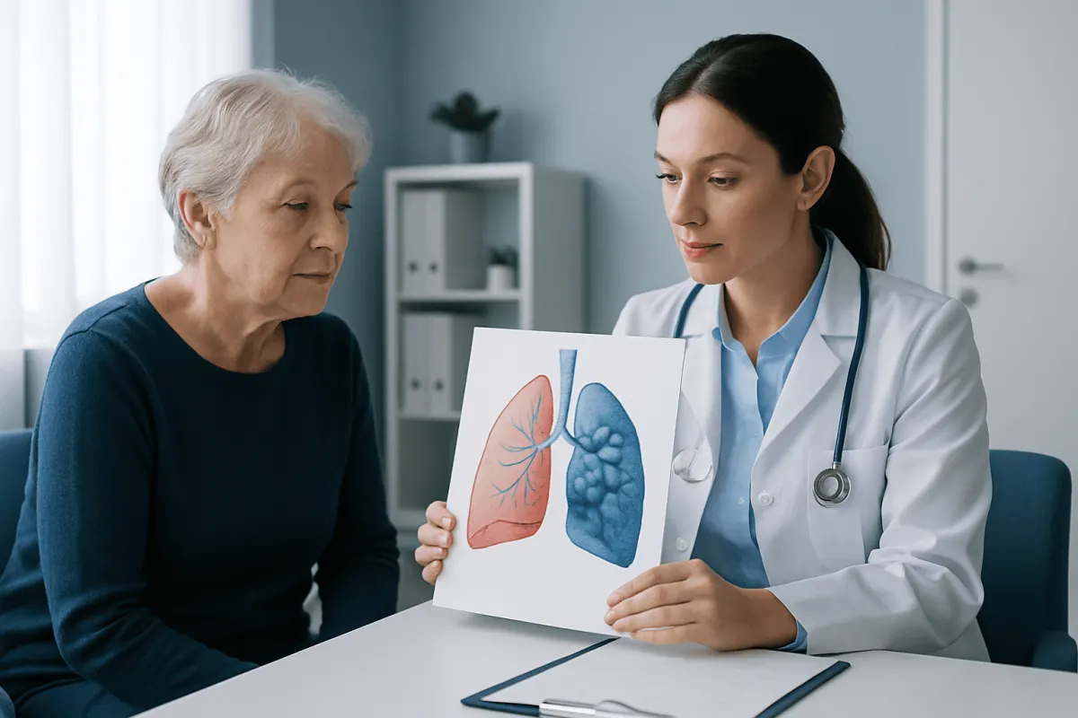 Doctor explaining lung health with a diagram to an elderly woman.