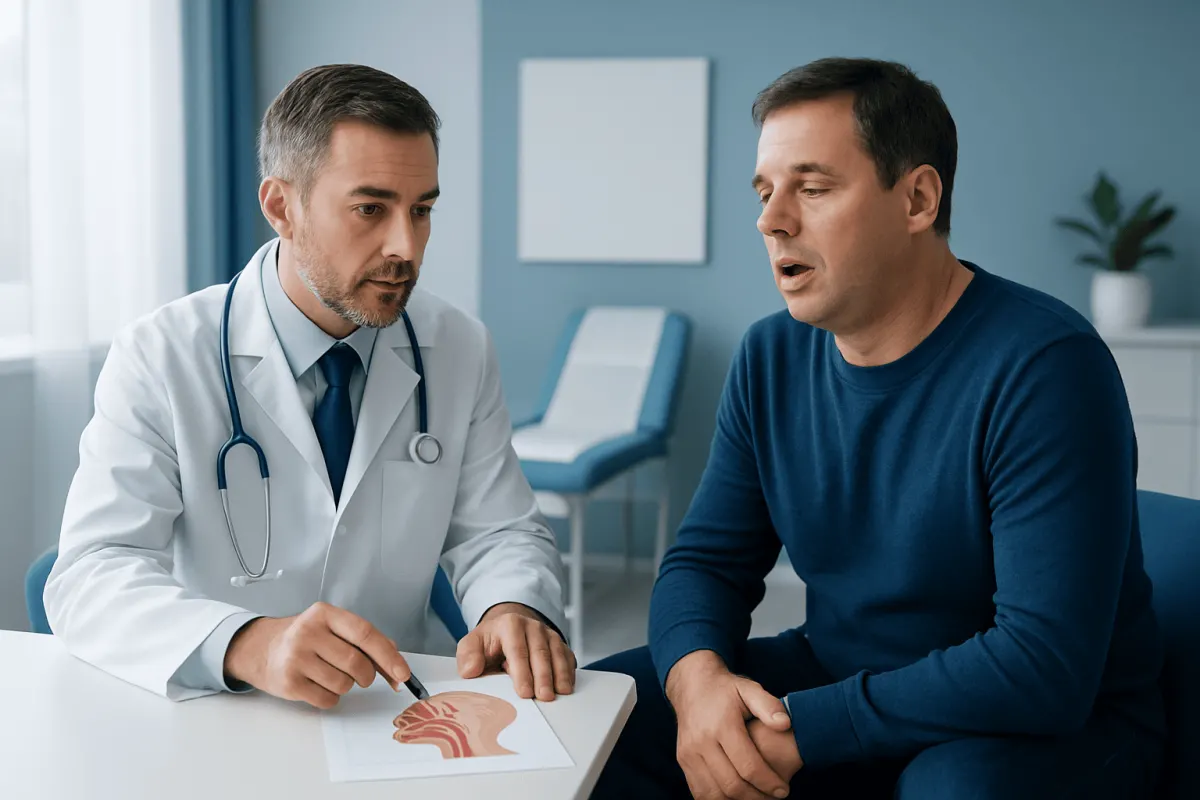 Doctor explaining throat issues to a patient in a medical consultation room.