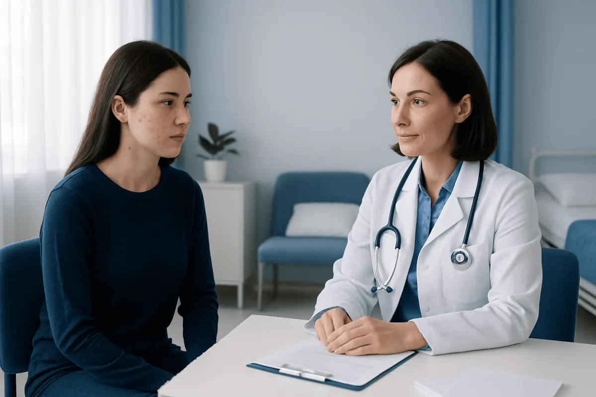 Doctor consulting with a young woman patient in a medical office.