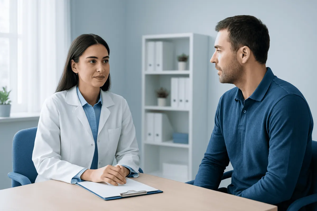 Doctor consulting patient about sleep issues in a clinical setting.