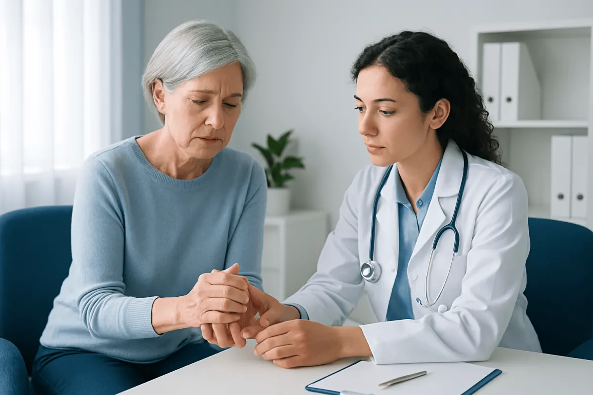 Doctor examining elderly woman's hand for cramps or pain.