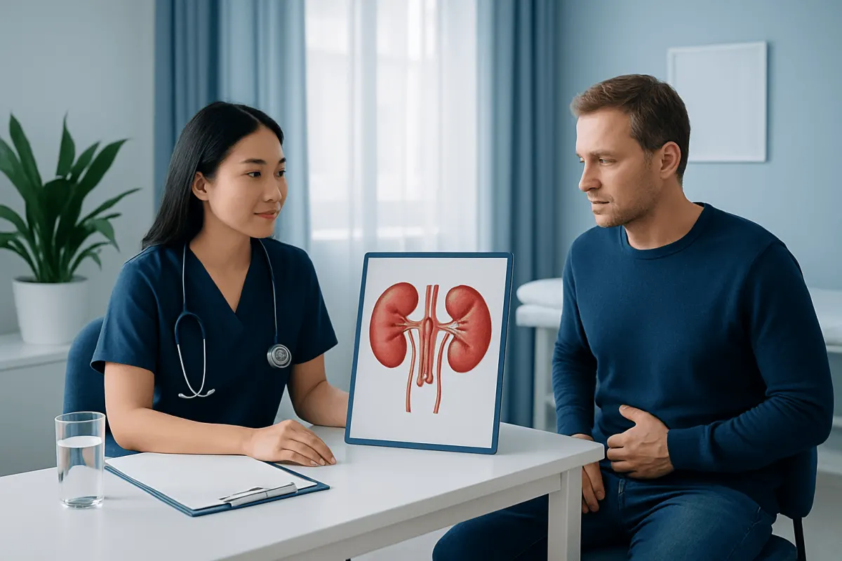 Doctor explaining kidney health to patient with kidney diagram.