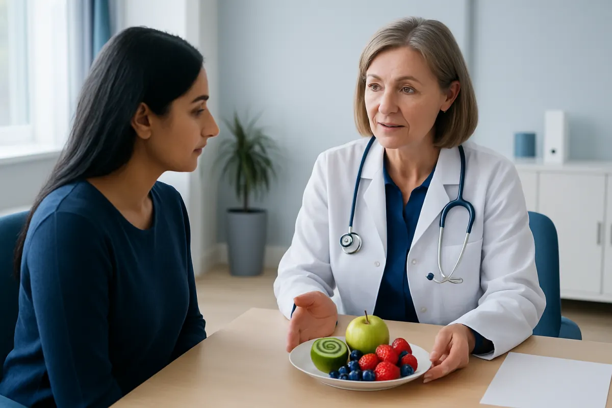 Doctor discussing low glycemic fruits with patient in clinic setting.