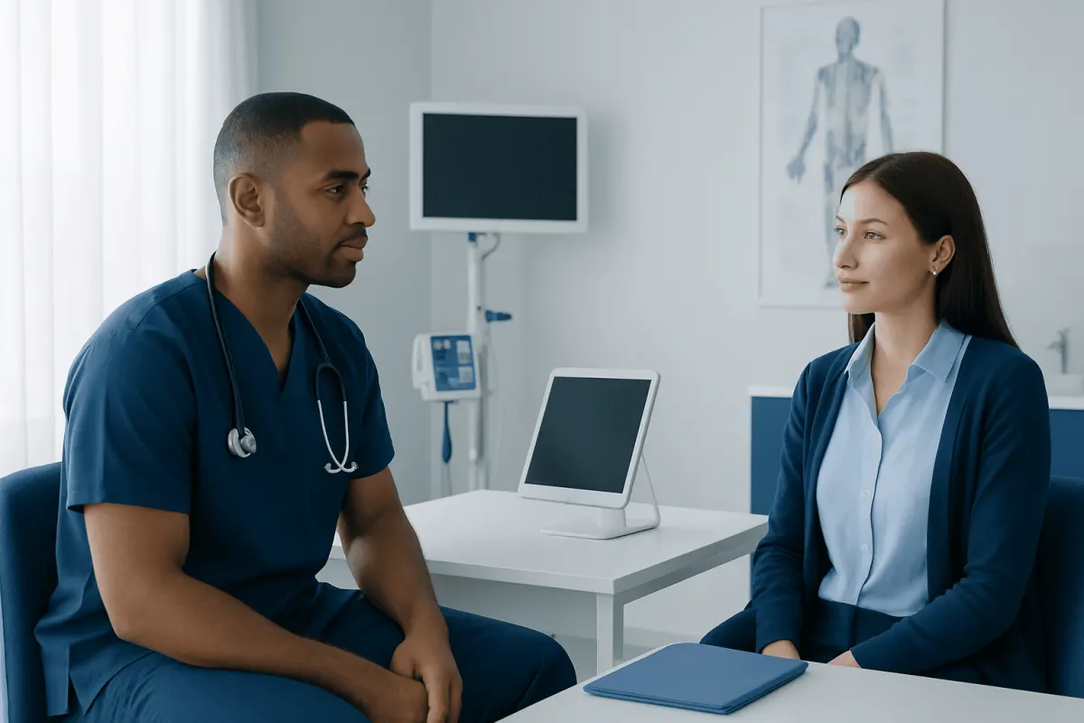 Doctor and patient in a modern hospital consultation room.