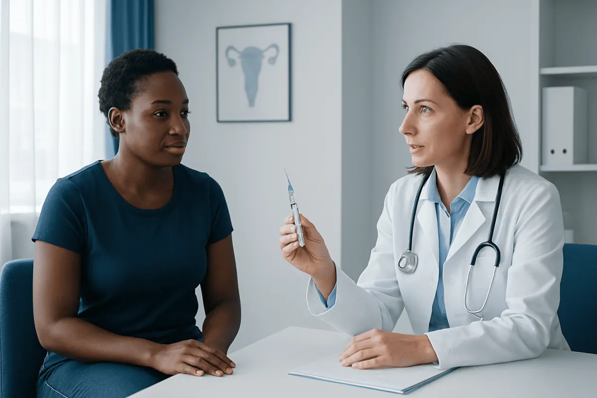 Doctor explaining contraceptive options to a patient in a clinic.
