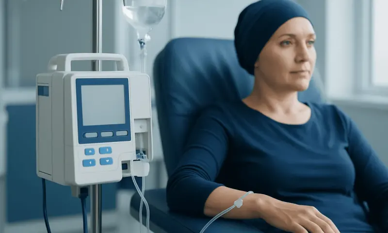 Woman receiving chemotherapy treatment in hospital.