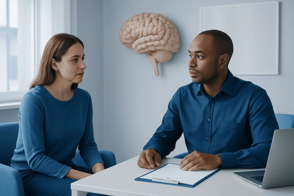 Doctor consulting with patient in a medical office with brain model in background.