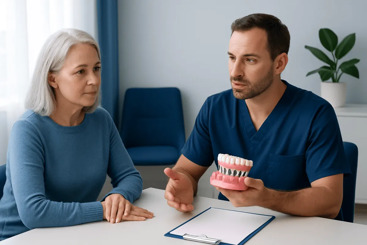Dentist explaining All-on-4 dental implants to a patient in a consultation room.