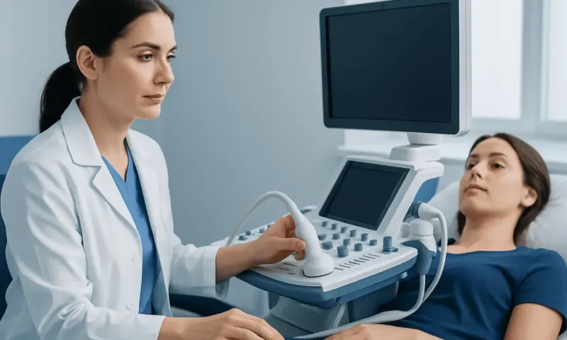 Medical professional performing an ultrasound on a patient in a clinical setting.