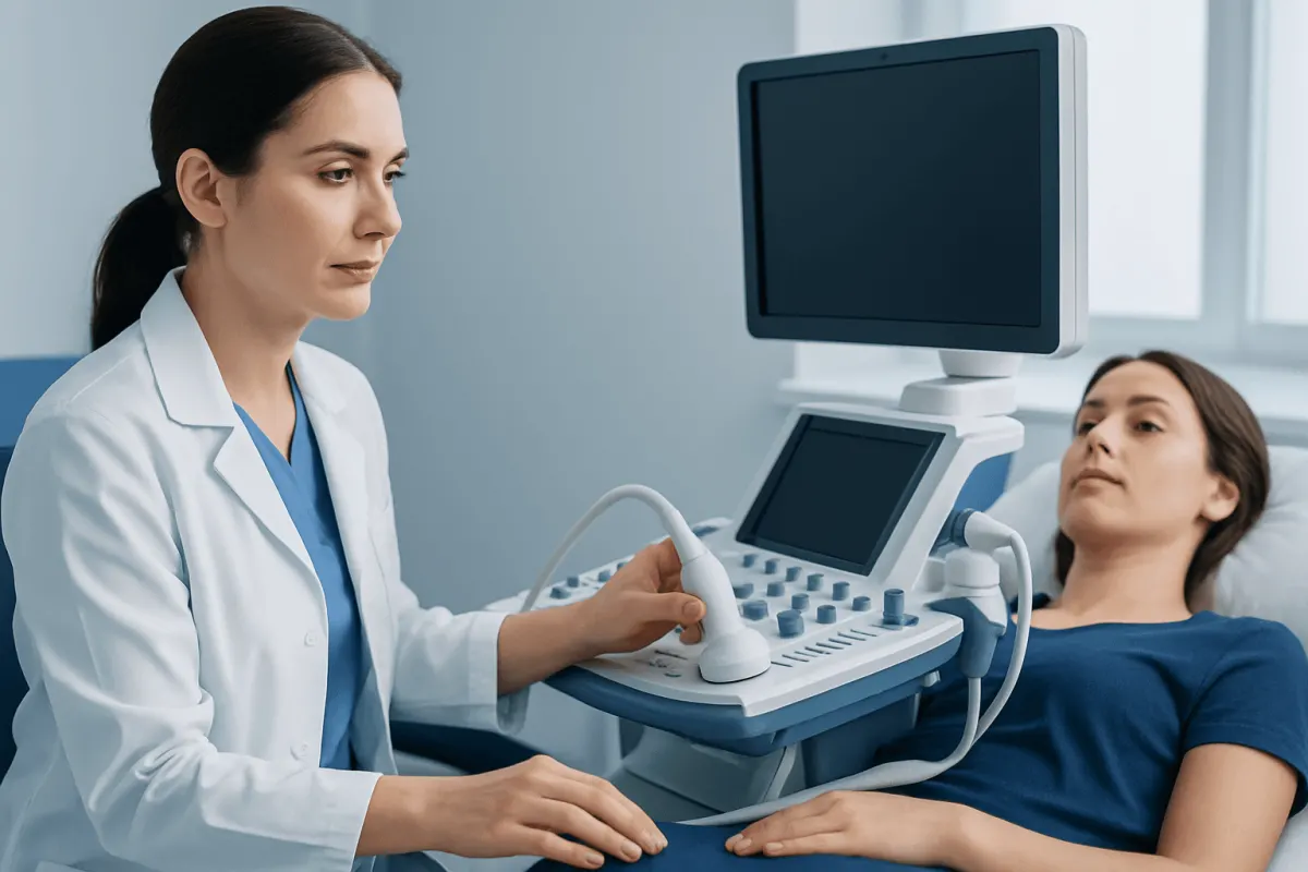 Medical professional performing an ultrasound on a patient in a clinical setting.