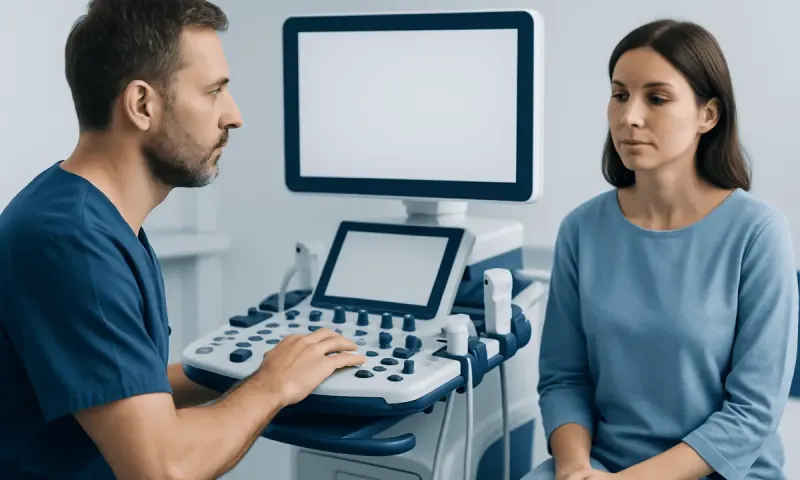 Doctor performing bladder ultrasound on a patient in a clinical setting.