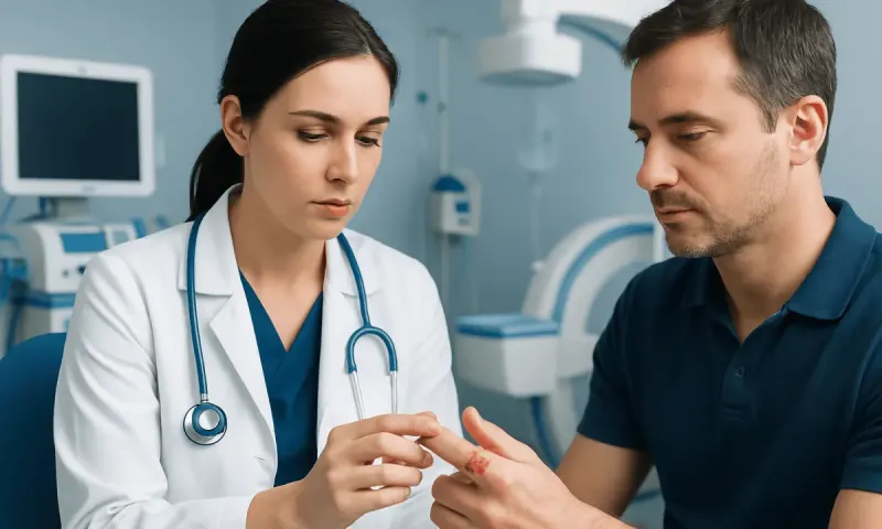 Doctor examining patient's finger in a hospital setting.