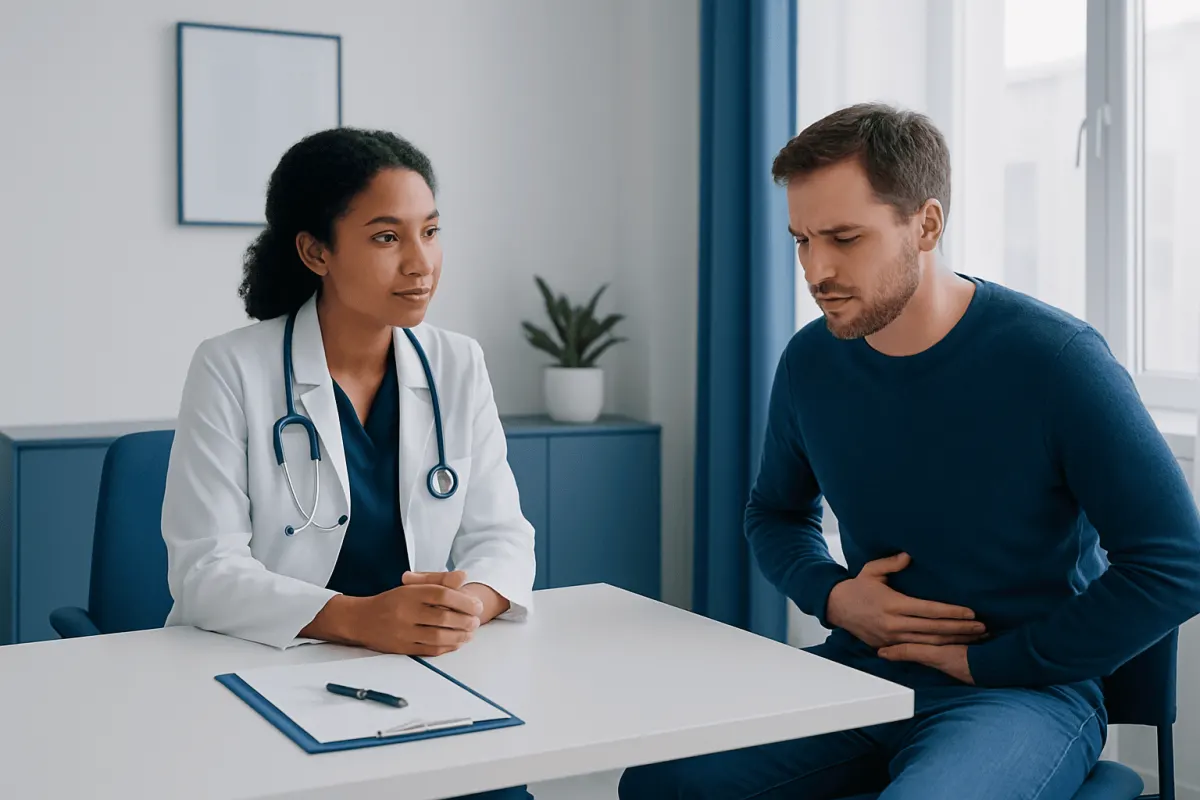 Doctor consulting with a patient about health concerns in a modern clinic.