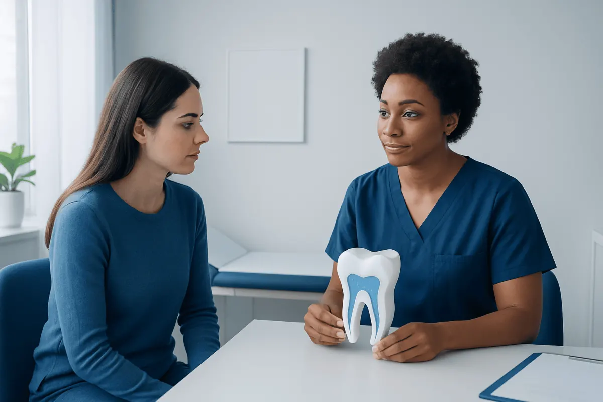 Dentist explaining dental health to a patient with a model tooth.