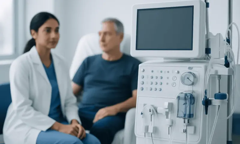Medical consultation with a doctor and patient in a hospital room.