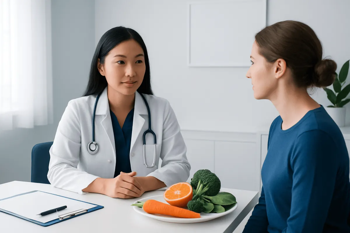 Doctor consulting patient about healthy diet and nutrition benefits.