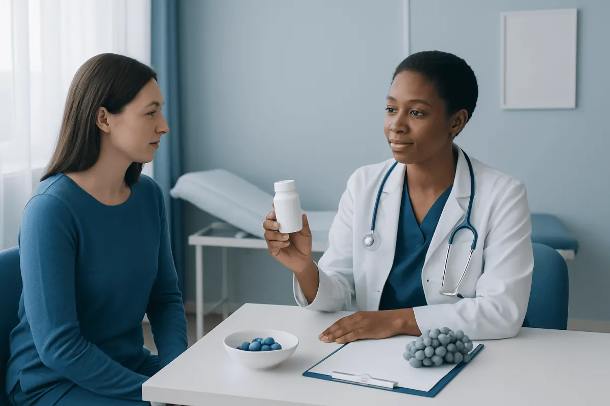 Doctor explaining supplement benefits to patient in clinic setting.