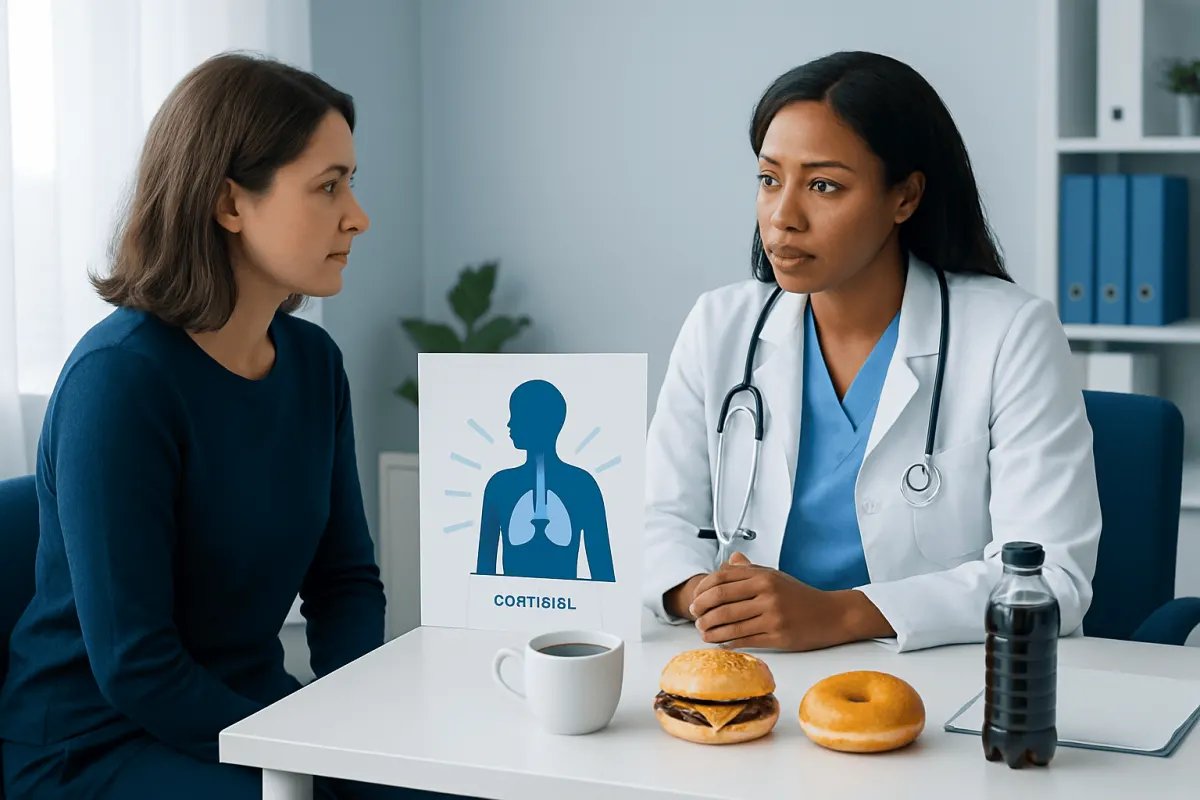 Doctor discussing cortisol and stress with patient in a medical consultation.