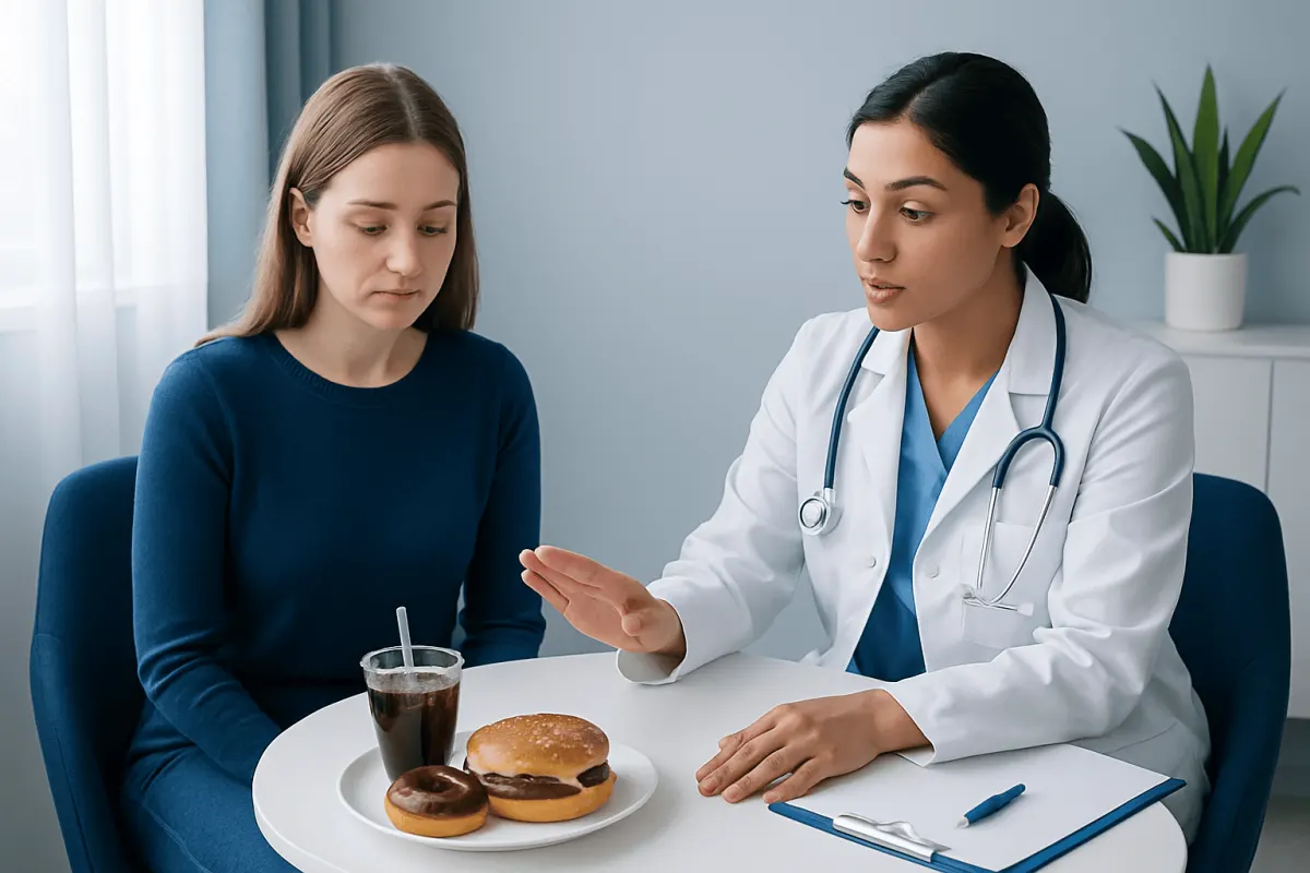 Doctor advising patient about post-tooth extraction diet and care.