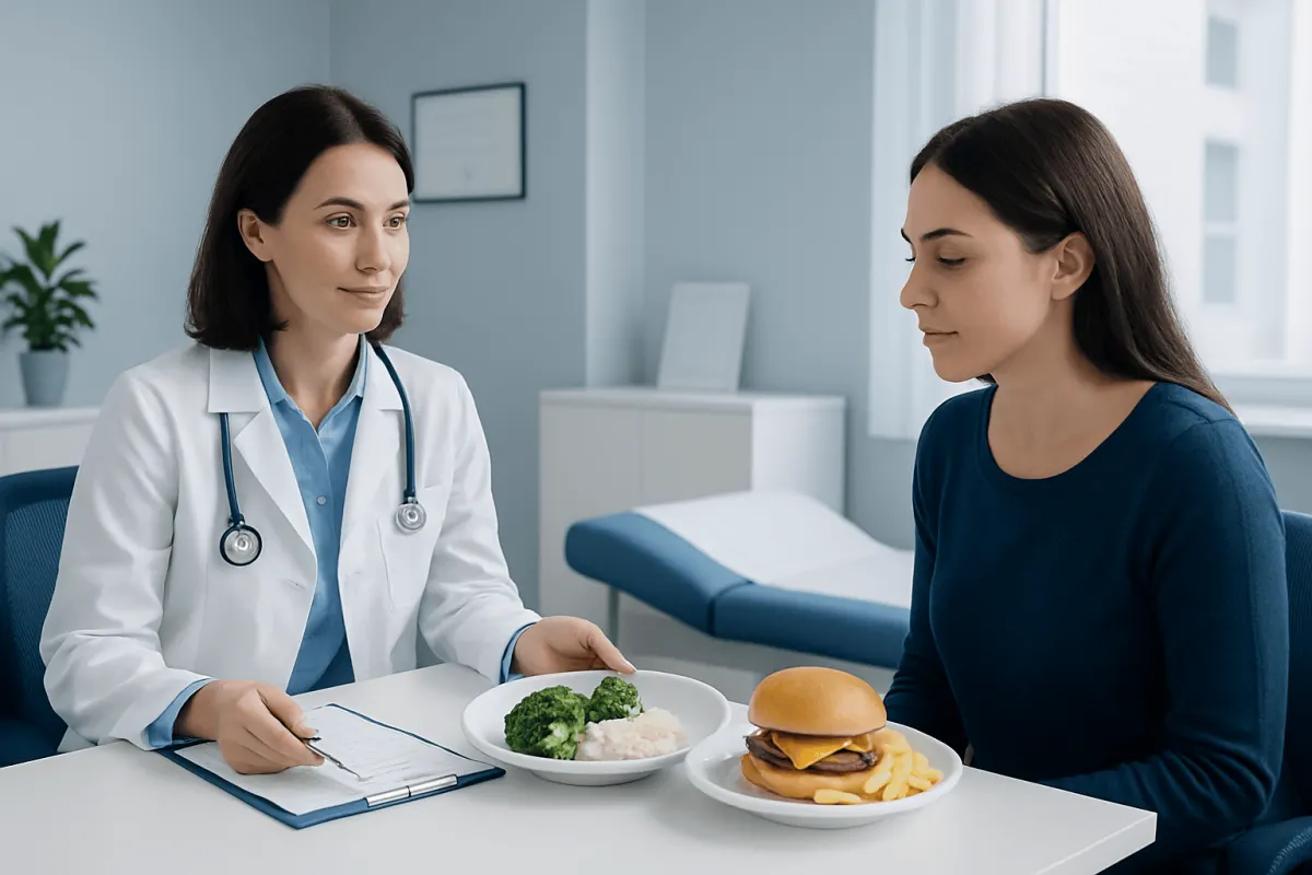 Doctor consulting patient about diet and gallbladder health.