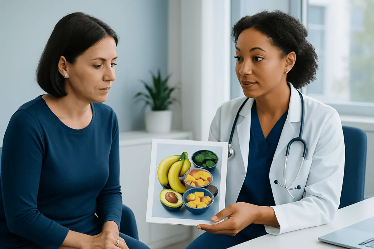 Doctor explaining high potassium foods to patient with fruit images.