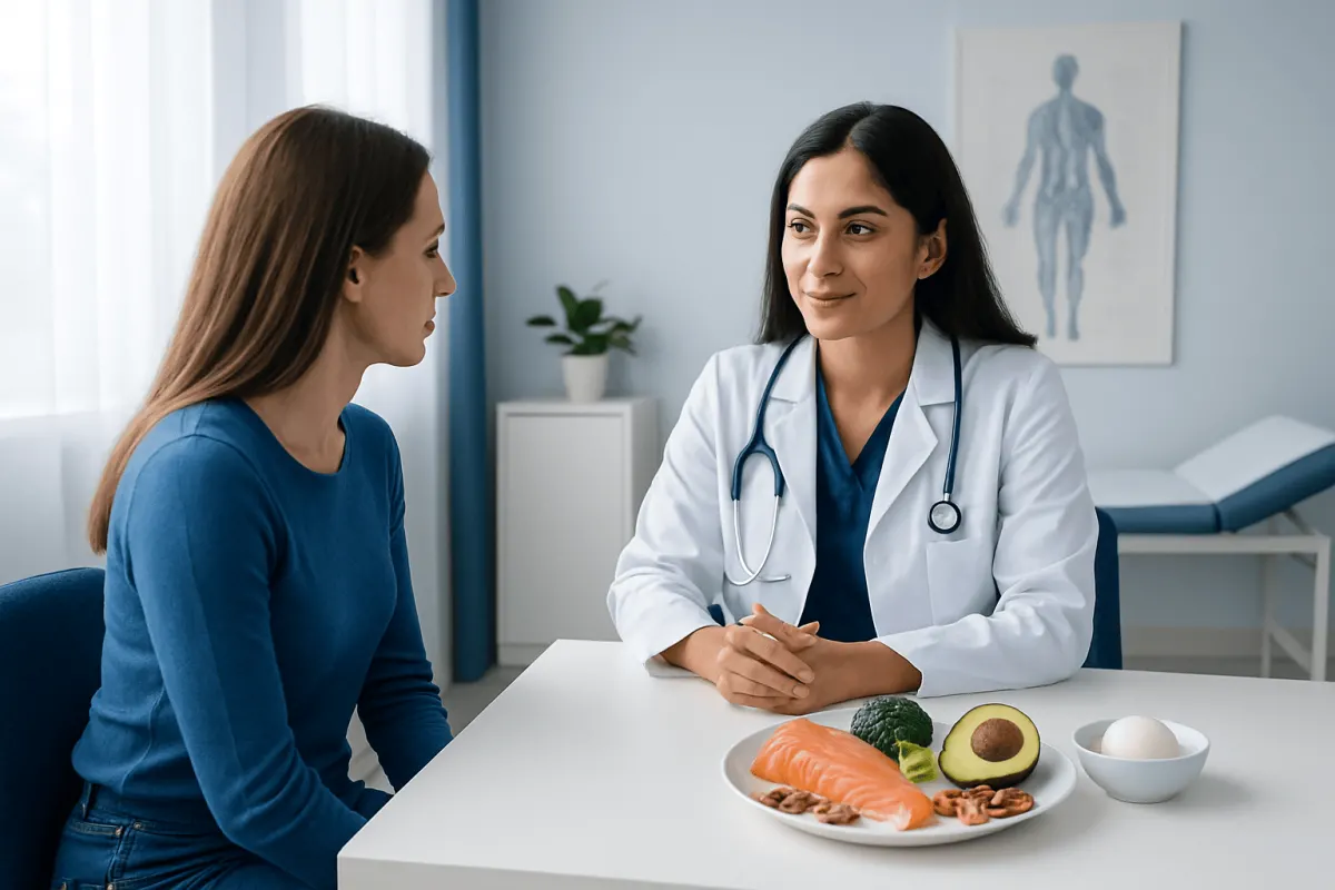 Doctor consulting patient with healthy foods on table at clinic.