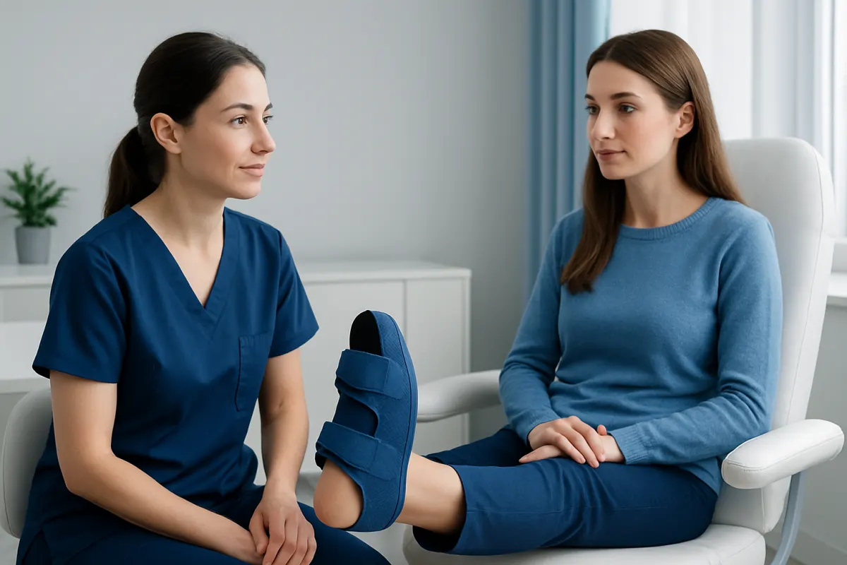 Patient with foot injury consulting with healthcare professional in clinic.