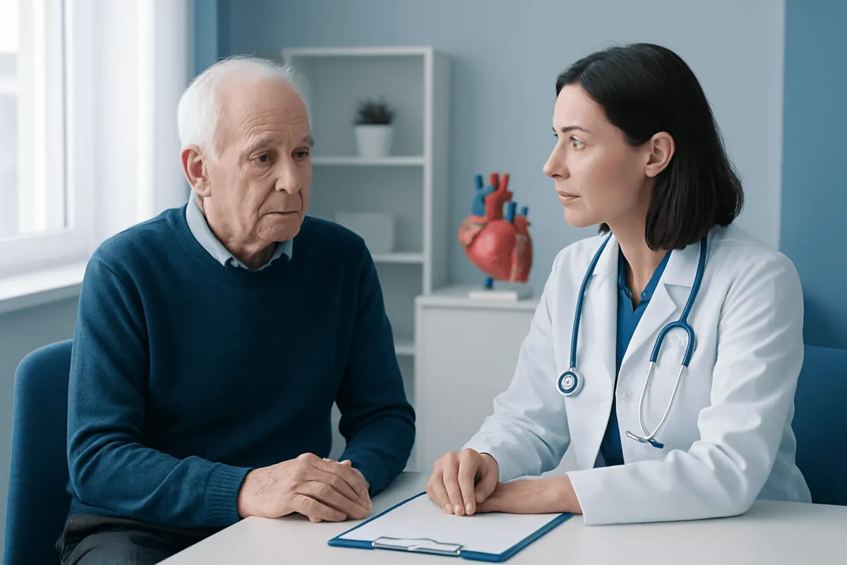 Doctor consulting with an elderly patient about heart health in a medical office.