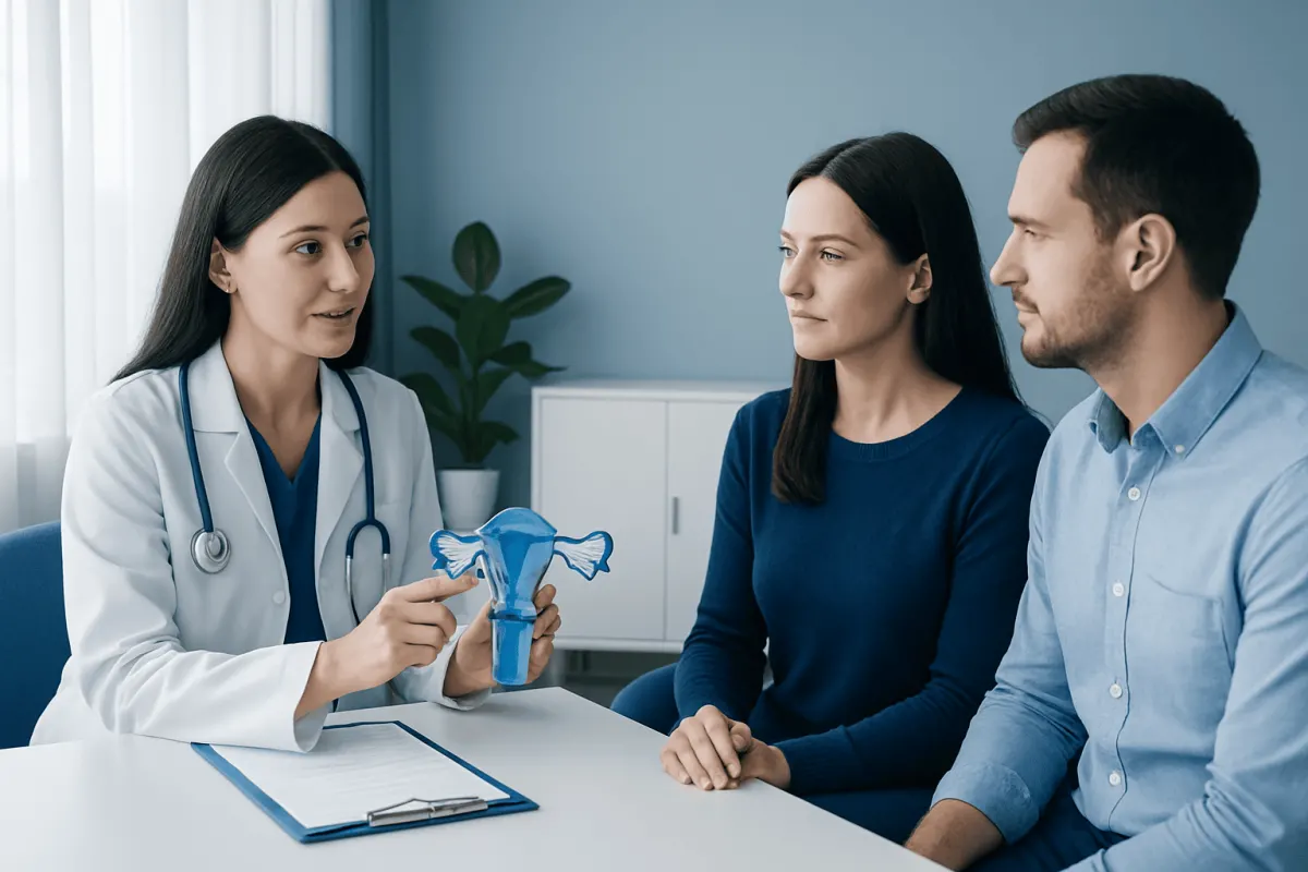 Doctor explaining IVF process with a uterus model to a couple.