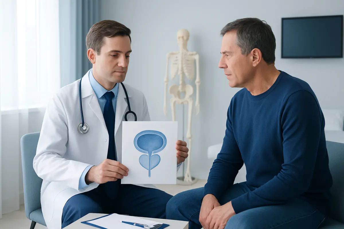 Urologist explaining prostate scan to patient in a medical consultation room.