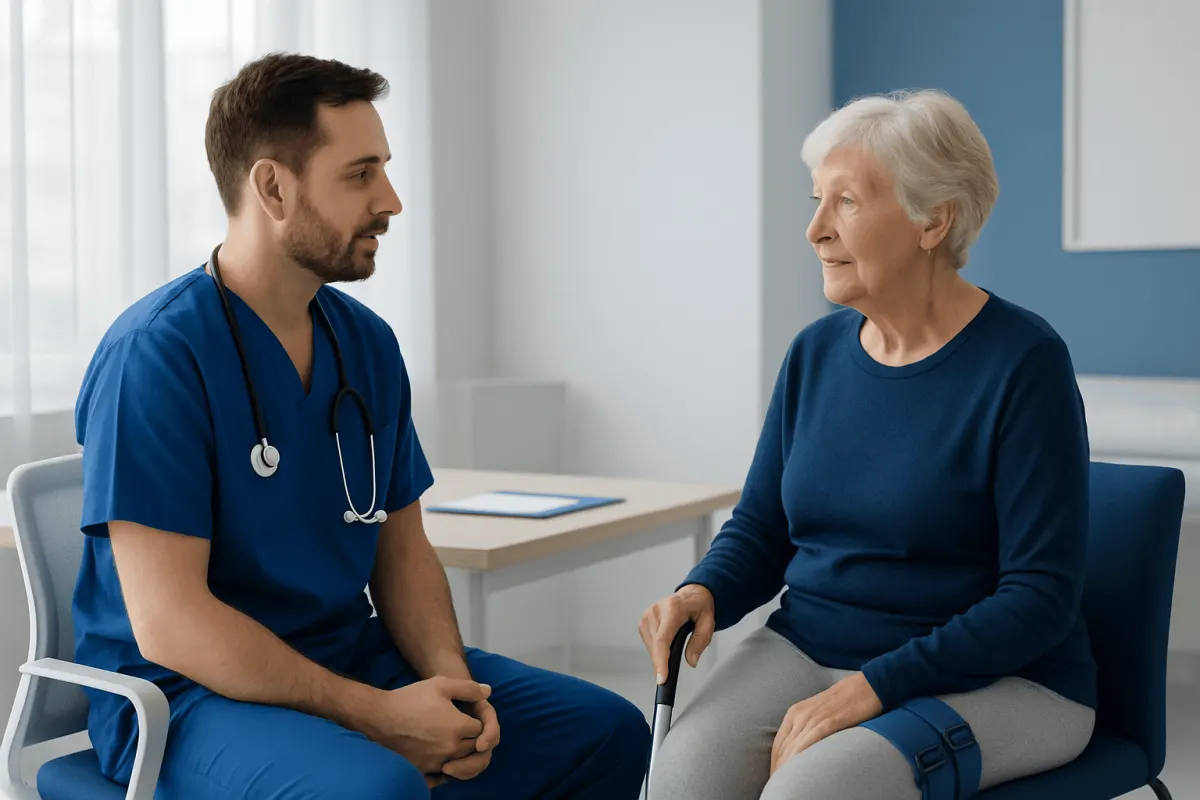 Doctor consulting elderly woman in a hospital room for hip surgery recovery.