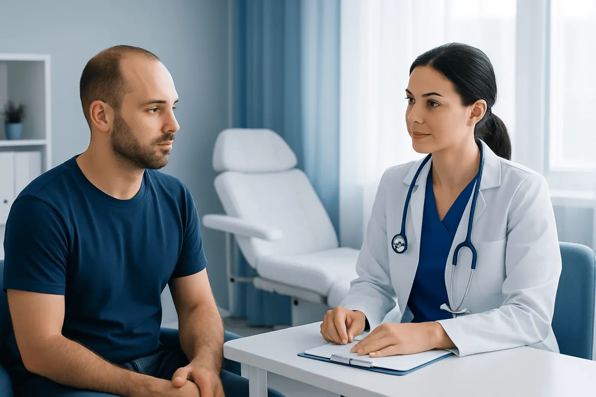 Doctor consulting with male patient in a medical office setting.
