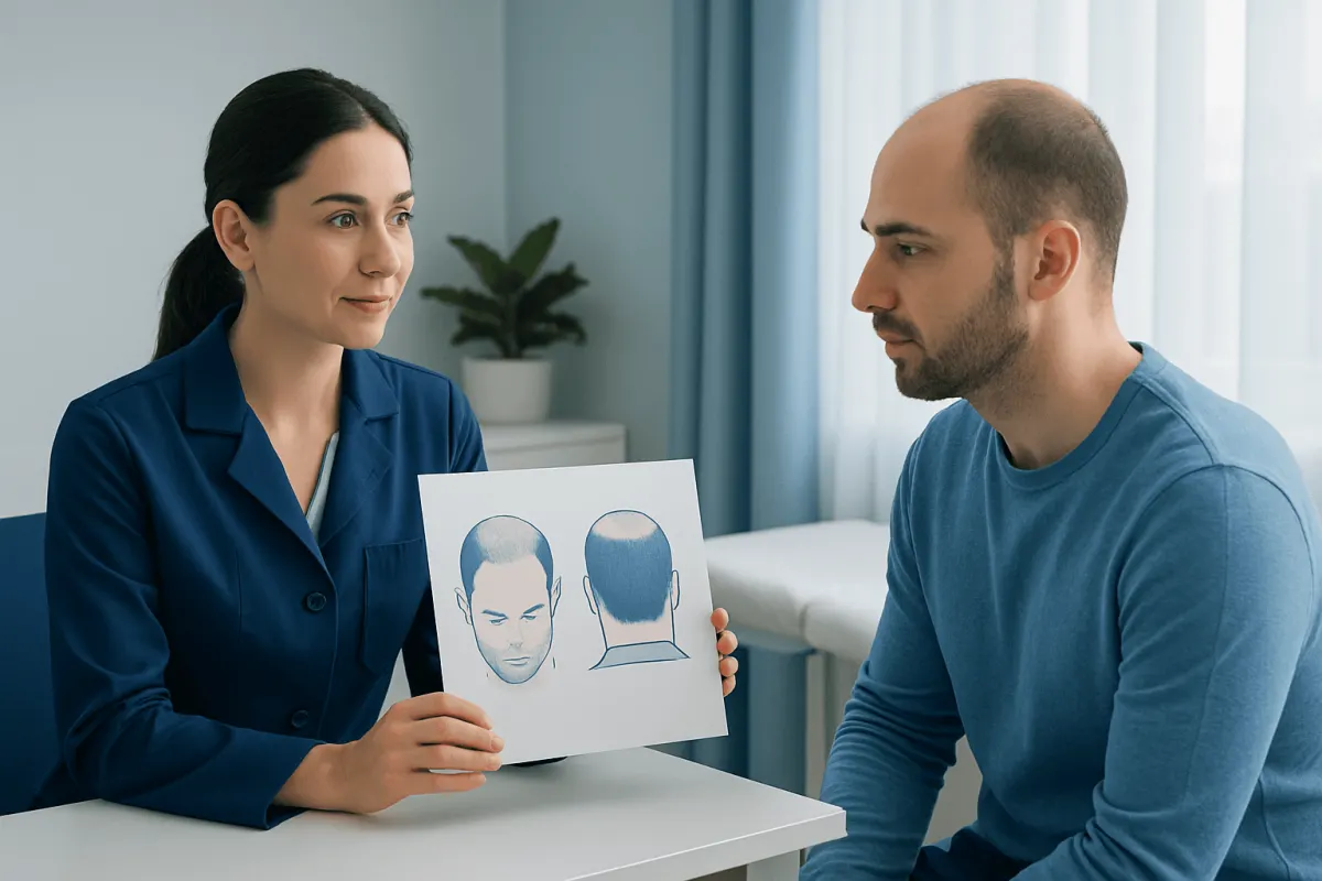 Consultation about hair transplant options at Acibadem Hospitals Group.