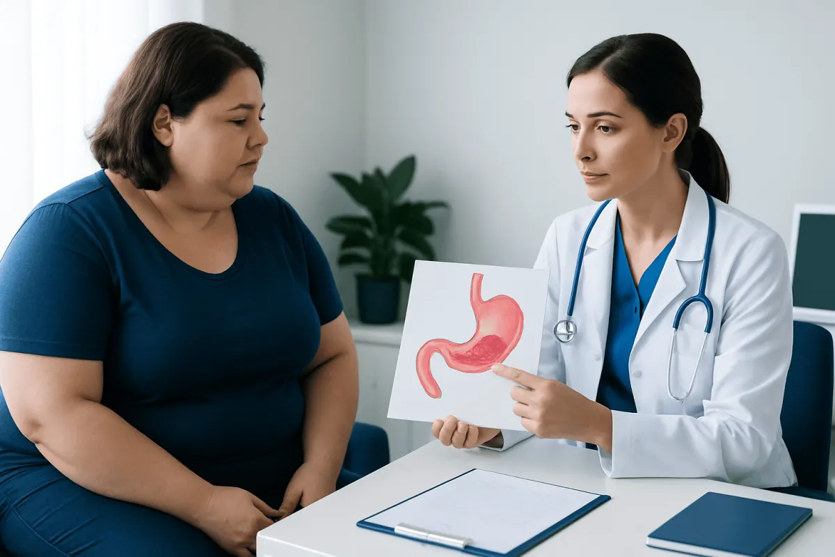 Doctor explaining stomach anatomy to a patient during consultation.