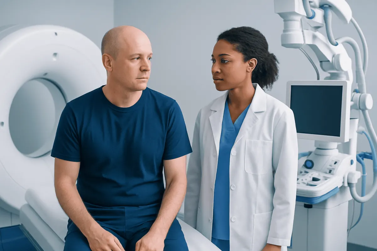 Patient and healthcare professional in a medical imaging room at Acibadem Hospitals.