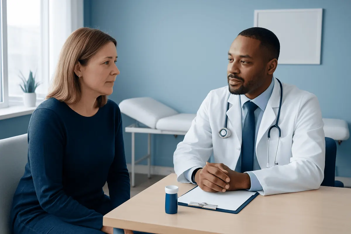 Doctor consulting with a female patient in a medical office setting.
