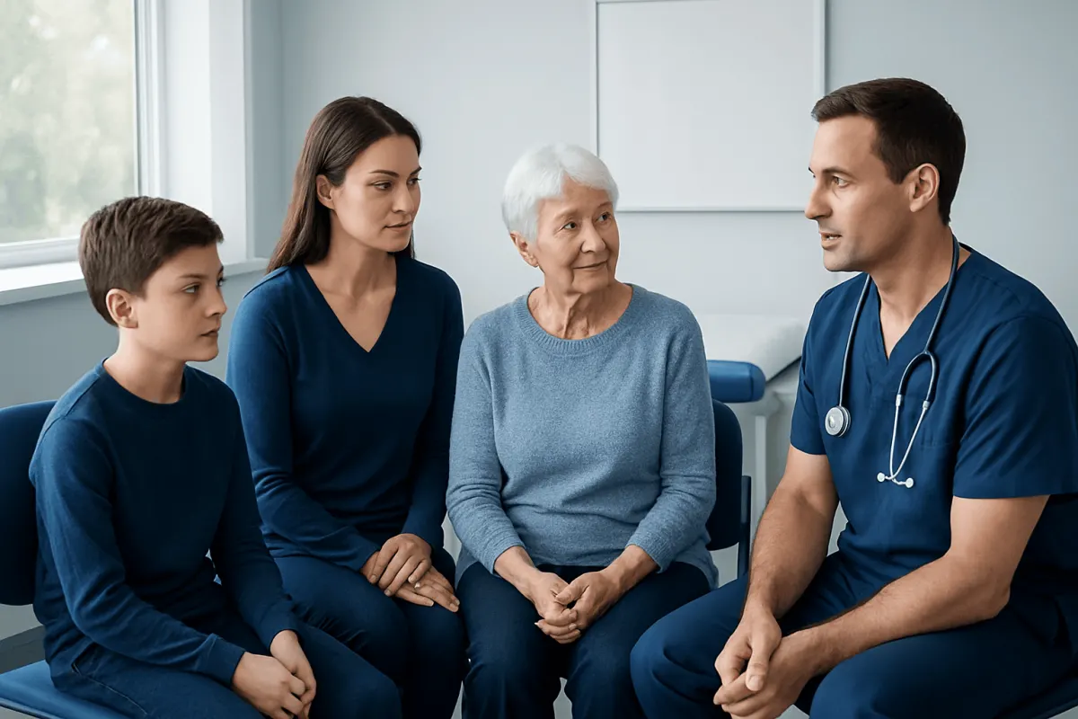 Doctor consulting with family in a hospital setting.