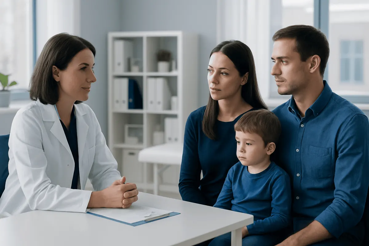 Doctor consulting with a family in a modern medical office.
