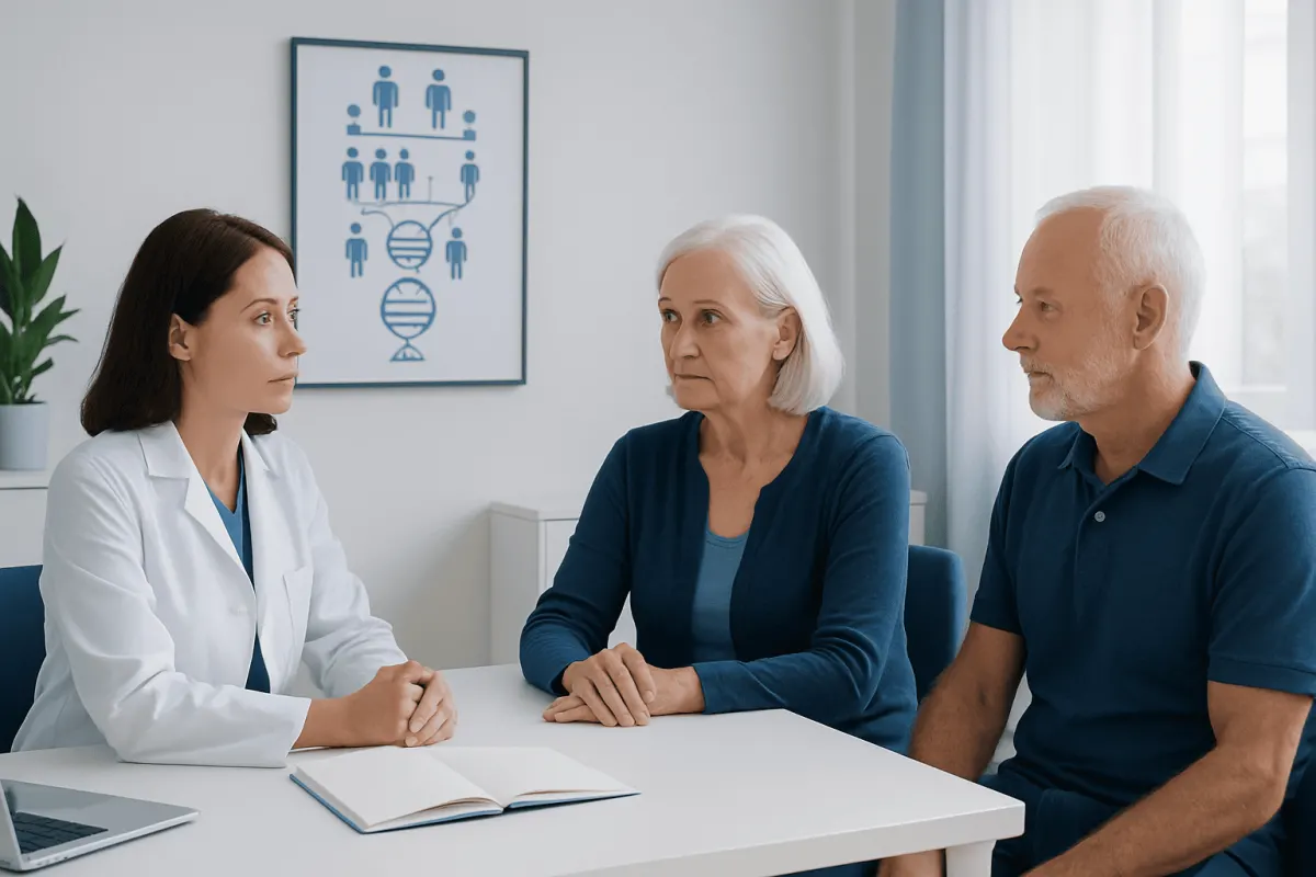Doctor consulting with elderly couple about family health history.