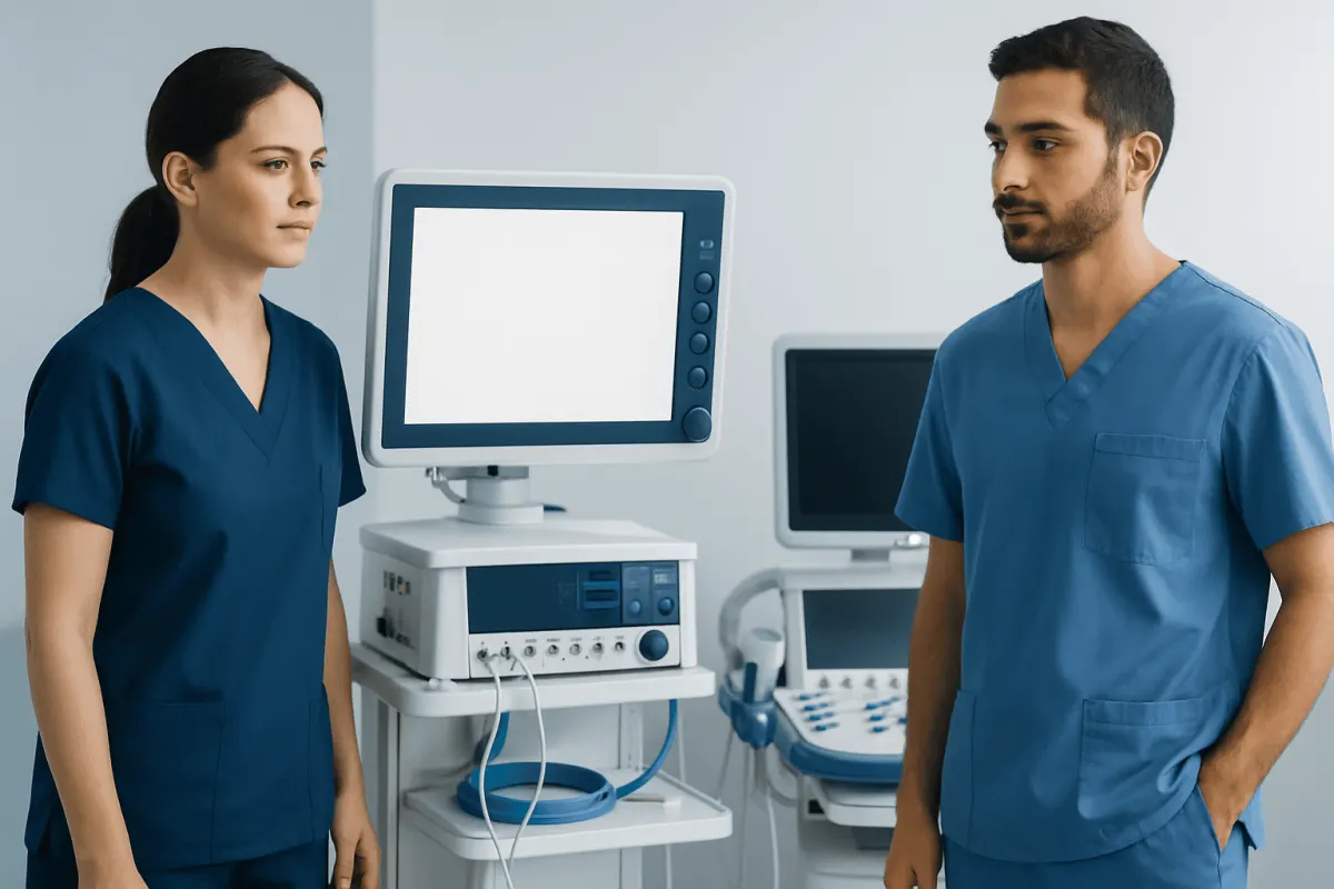 Medical professionals in a hospital room with ultrasound equipment.