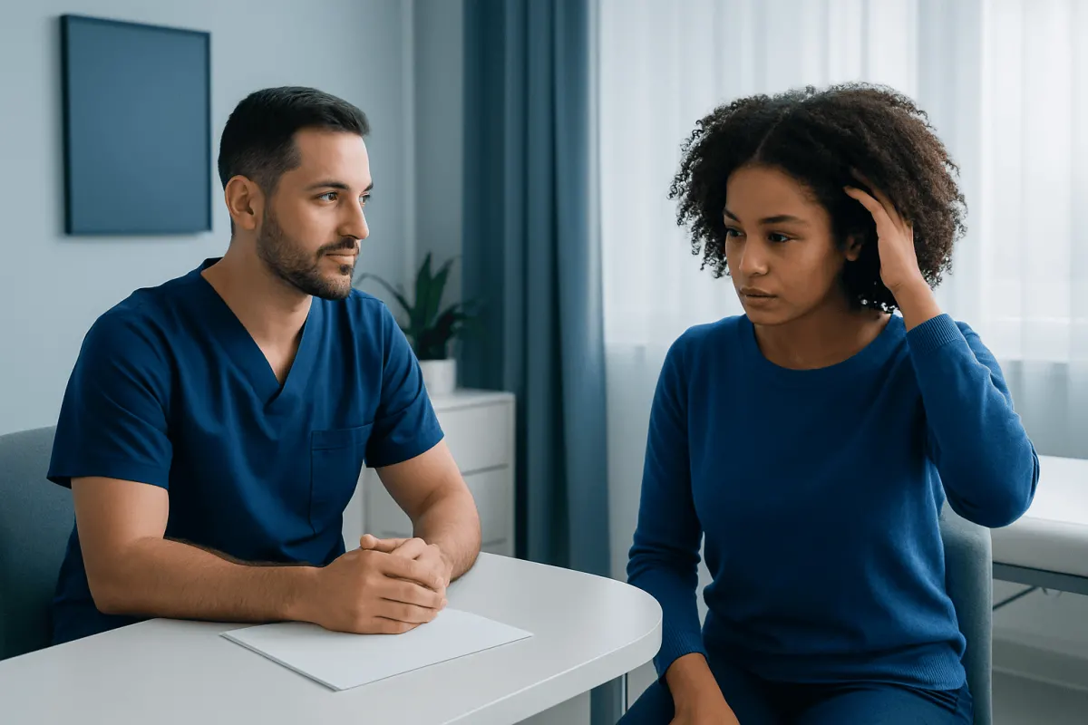 Doctor consulting with a young woman in a medical office.