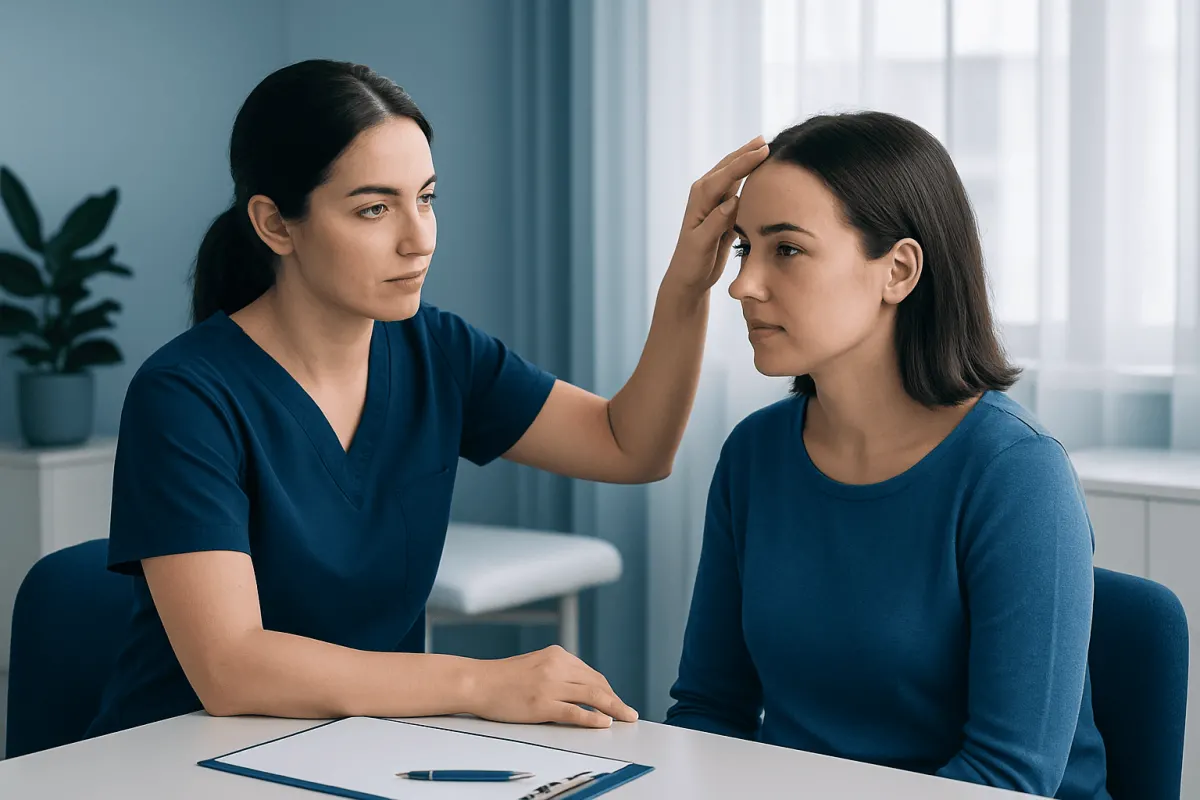 Doctor examining woman's hairline in consultation room.