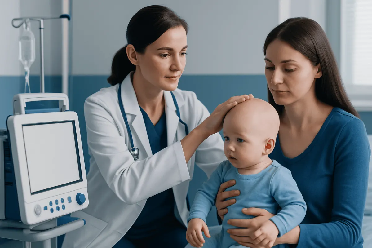 Pediatric doctor examining a young child's head in a hospital setting.