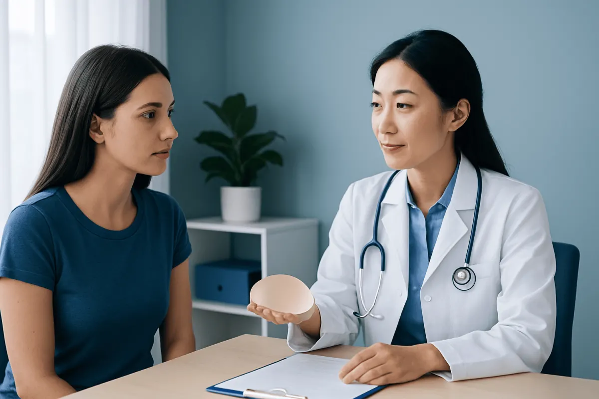 Doctor explaining breast augmentation options to a patient in consultation.