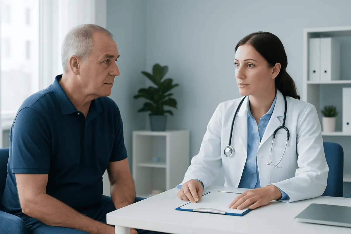 Doctor consulting with an elderly male patient in a medical office.