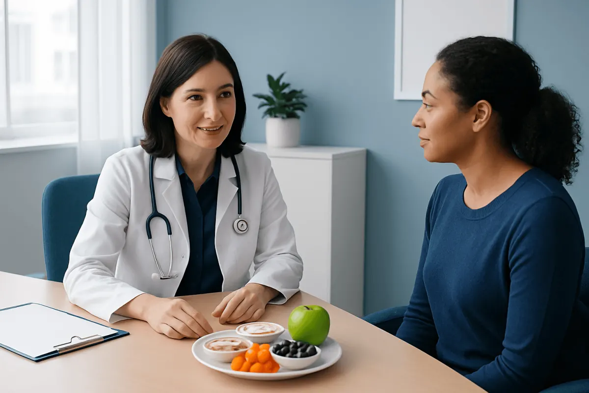 Doctor consulting a patient about healthy snack options in a clinic setting.