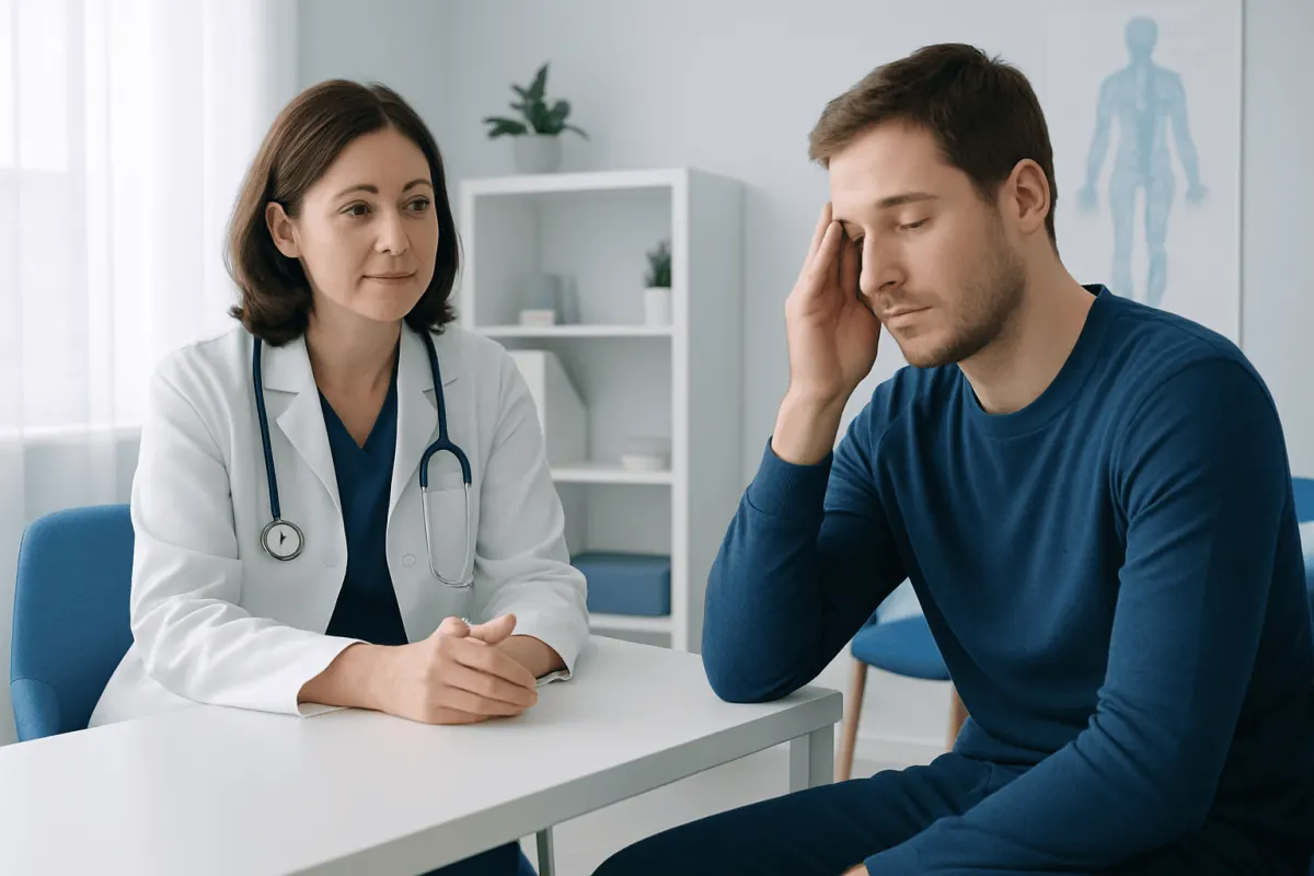Doctor consulting with a patient experiencing headache or dizziness.