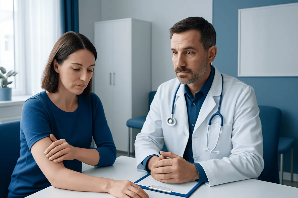 Doctor consulting with a female patient in a medical clinic setting.